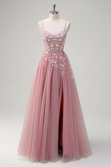 Corset A Line Slit Tulle Blush Prom Dress with Sequined Appliques